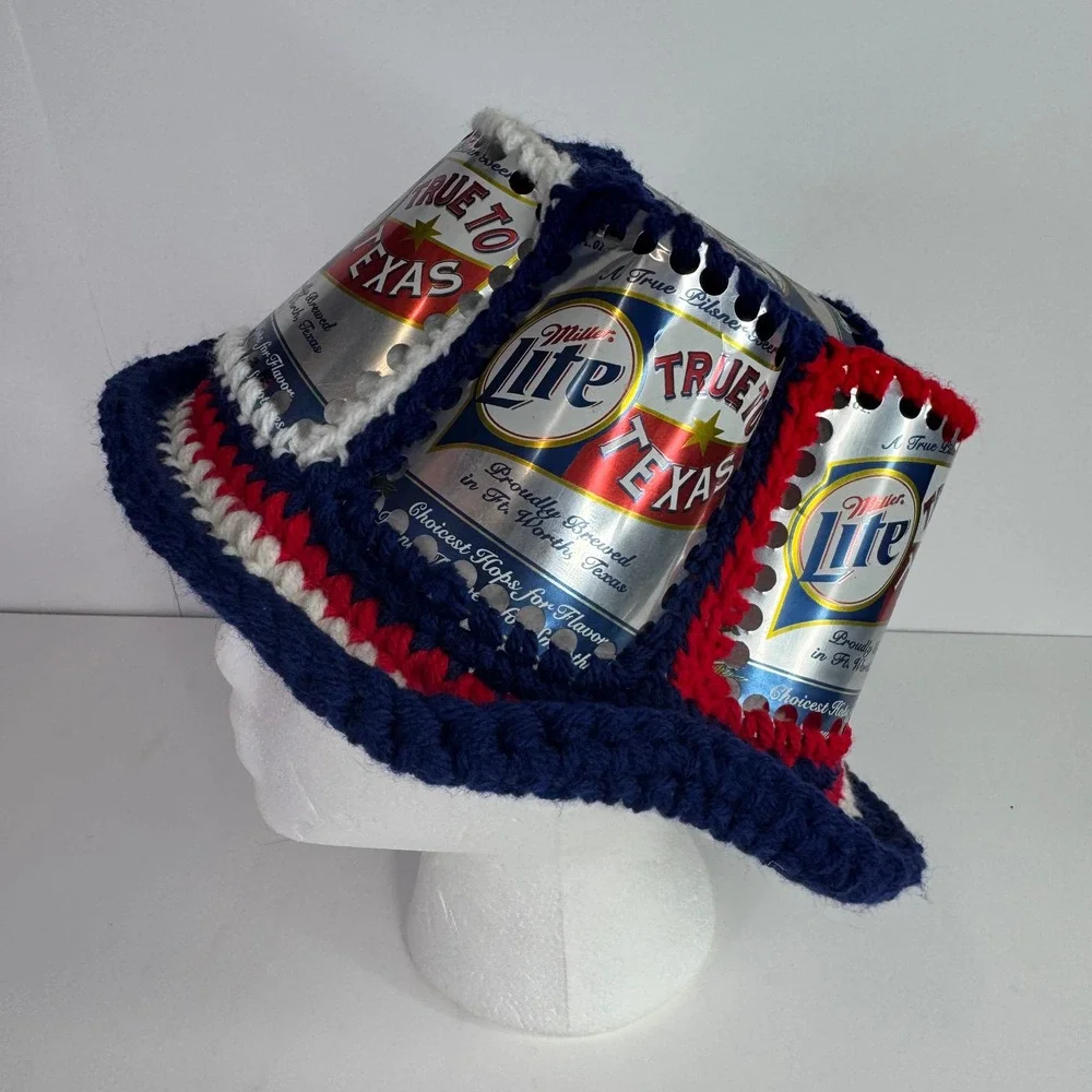 Vtg Handmade Miller Lite Beer Can Hat Adult OS Blue Red White Crochet Bucket Hat